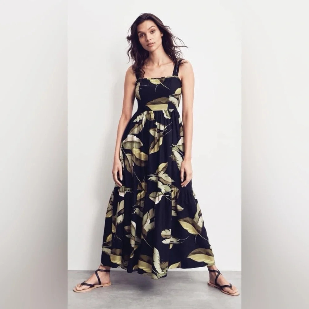Witchery Black Palm Leaf Rucched Back Maxi Dress